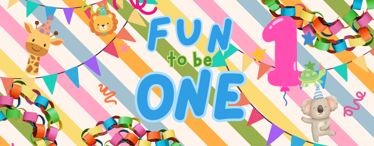 Bright and colourful Fun to Be One party decorations featuring bunting and playful party animals and DIY elements